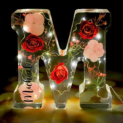נונאן פרחים יבשים בהתאמה אישית מכתב אור חריטה שם לילה אור נצחי מנורת קריסטל A-Z Rose Light Up Lights