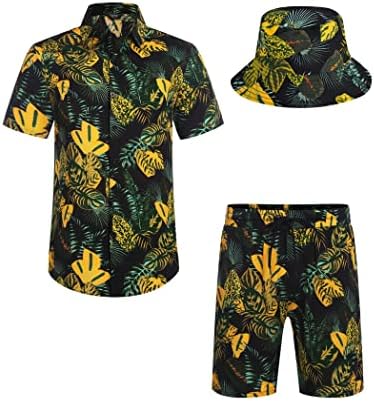 חולצה הוואי של קואופנדי הגברים והפרח הקצר של פרח תלבושת חוף עם כובעי דלי