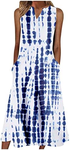 שמלות קיץ לנשים 2023 מודפסות ללא שרוולים באורך מלא/קרסול עם כיסים שמלת נדנדה של יולדות מקסי.