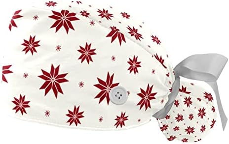 כובעי קרצוף מתכווננים, 2 חבילות פרחי חג מולד אדומים כיסוי שיער בכובע שיער עם כיס קוקו, כובע אחות כירורגי